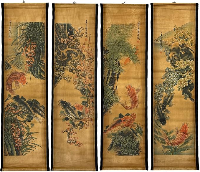CIFIBIFUN Wall Scroll Hanging Painting Decor Japanese Art Koi Fish Fengshui | 4Panels,Ancient Japan Paintings Replica ,Asia Traditional Art, Attract Wealth, Four Season Flower