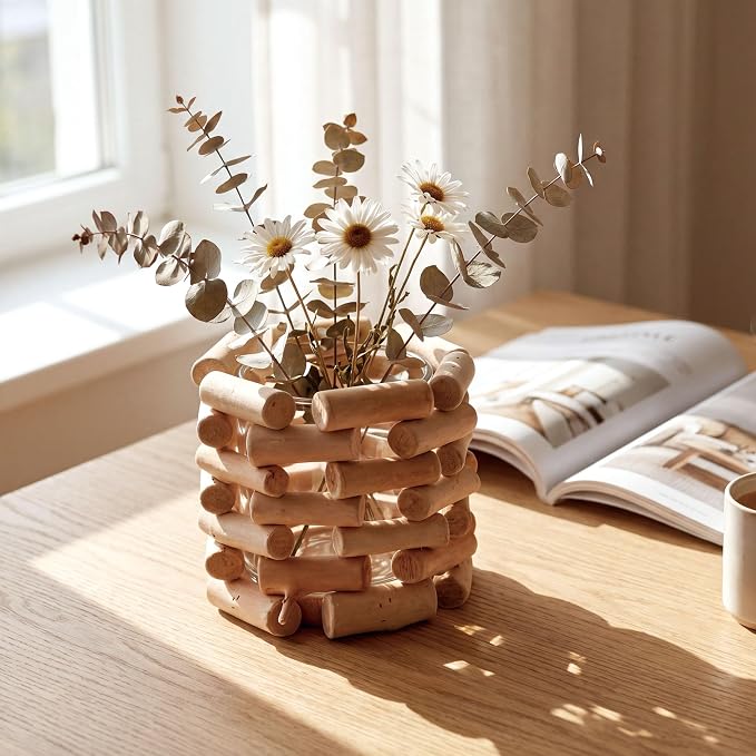 Solid Wood Openwork Vase - Farmhouse Tabletop Decor, with 3.5 Inch Borosilicate Glass Insert, Versatile Small Planter for Fresh Flowers, Dried Blooms & Hydroponic Plants