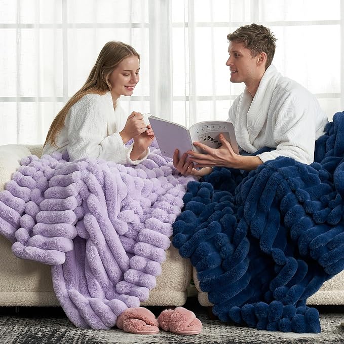 Cozy Bliss Faux Fur Throw Blanket for Couch, Cozy Warm Plush Striped Blanket for Sofa Bedroom Living Room, 50 * 60 Inches Lavender