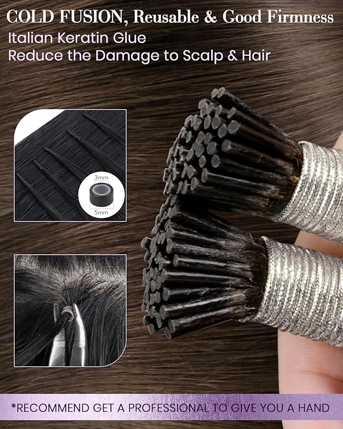 LaaVoo Itip Human Hair Extensions Brown I Tips Hair Extensions Real Human Hair Soft Hair I Tip Hair Extension Pre Bonded for Women 18inch 100s 100g