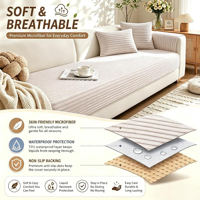 Waterproof Couch Cover for Dogs, Sofa Covers Washable & Non-Slip, Soft Dog Bed Blanket Protector for Sectional, Loveseat, Living Room Furniture (Creamy White, 35.43"x 62.99" 1 Pack)