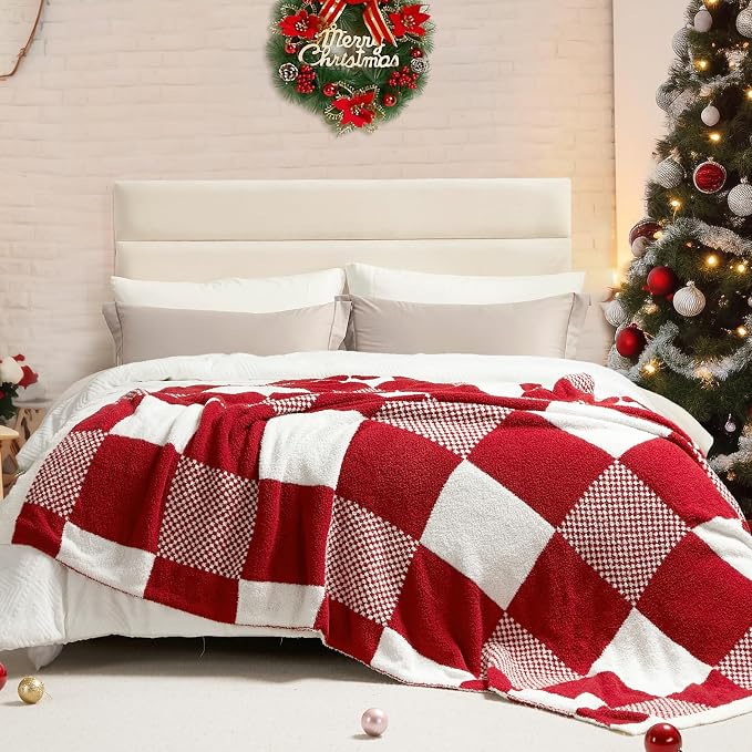 Snuggle Sac Checkered Blanket, Red Throw Blanket for Couch Buffalo Plaid Microfiber Fluffy Warm Cozy Fuzzy Soft Throw Blanket Reversible Checkerered Blankets for Sofa, Chair, Bed, 50x60 inches