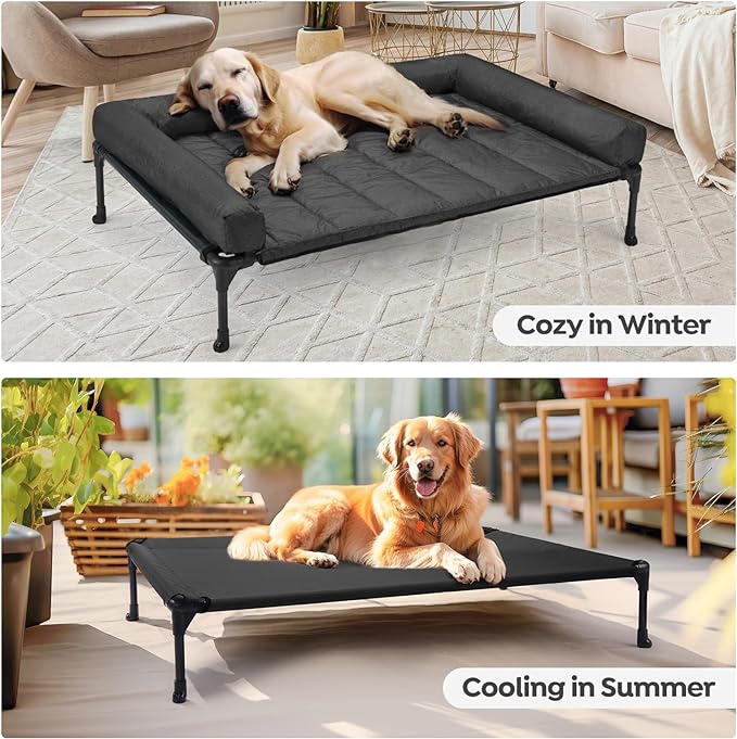 Veehoo Outdoor Elevated Dog Bed with Waterproof Bolster Cushion, Cooling | Raised Dog Bed with Removable & Washable Mat Topper, Breathable Mesh, Dog Couch Cot for Indoor Outdoor, 42", Large, Black