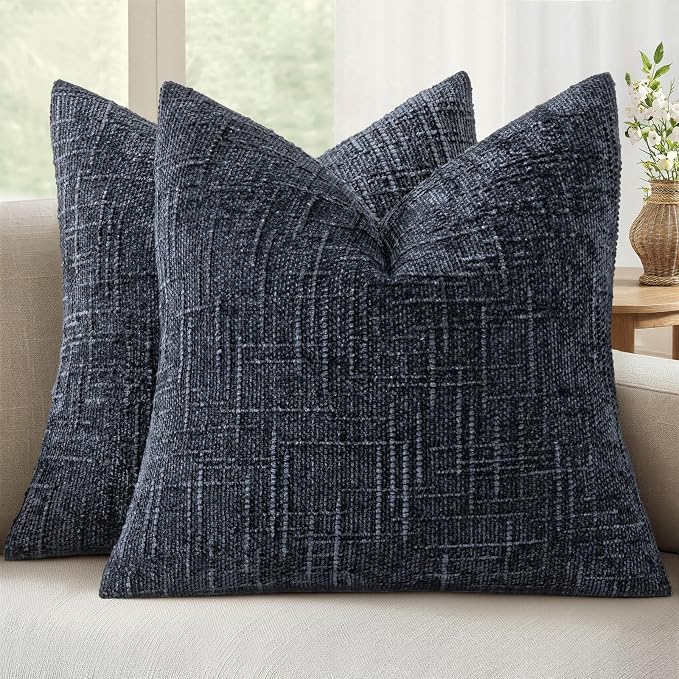 MIULEE Chenille Textured Throw Pillow Covers Navy Blue 18x18 Set of 2 | Slubby Decorative Pillows, Boho Farmhouse Coastal Decor, Modern Neutral Cushion Covers for Couch Sofa Bed Living Room
