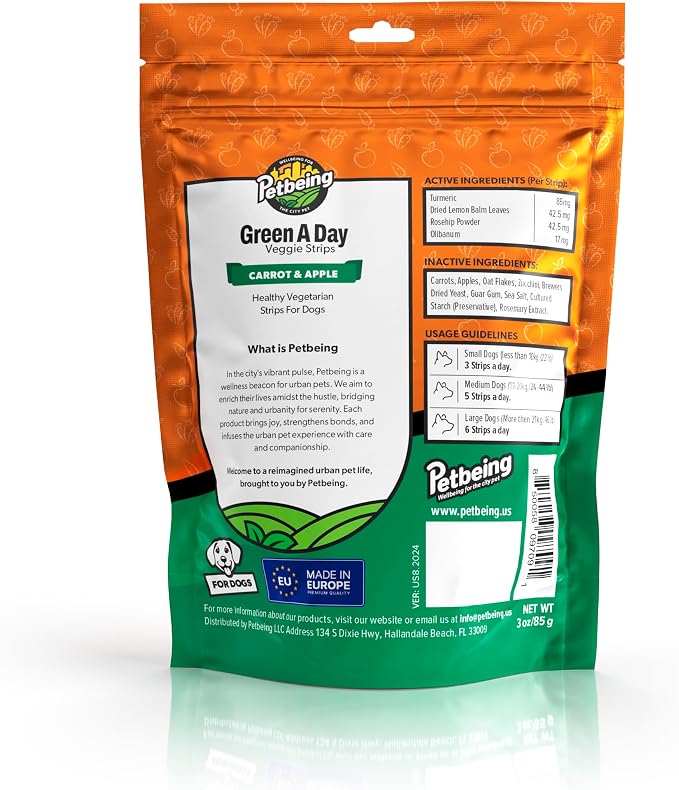 Green A Day Veggie Strips for Dogs | Carrot & Apple Vegetarian Dog Chews | Daily Wellness Treats with Fruits & Vegetables | 4 Pack, 3 oz Bags