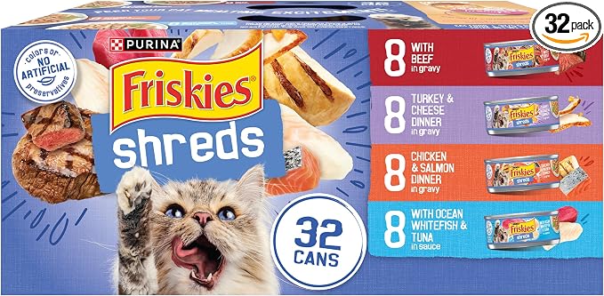 Purina Friskies Gravy Wet Cat Food Variety Pack, Savory Shreds With Beef, Turkey and Cheese Dinner, Chicken and Salmon Dinner, With Ocean Whitefish and Tuna - (Pack of 32) 5.5 oz. Cans