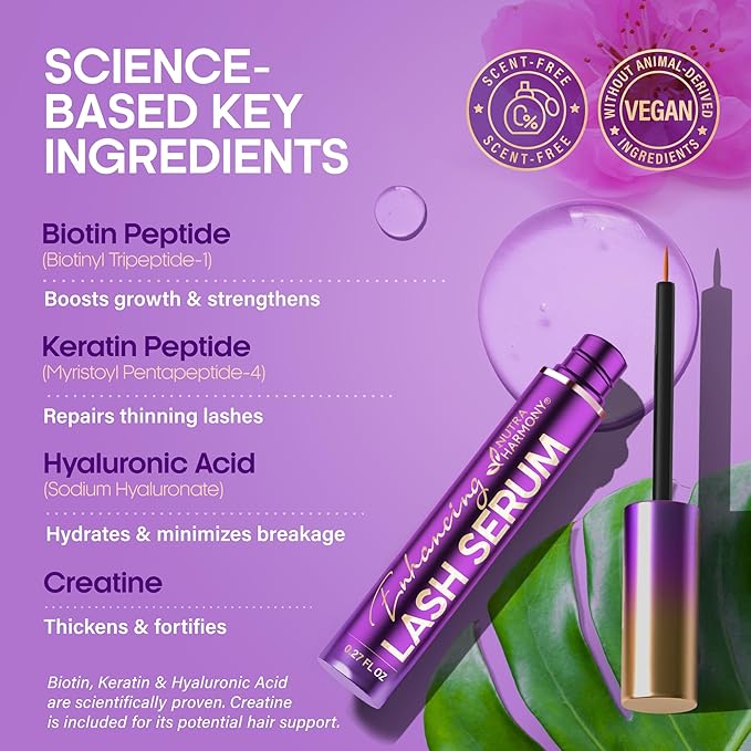 Lash Serum for Eyelash Growth – Pro Treatment with Keratin, Biotin & Peptides – Hyaluronic Acid, Creatine & Castor Oil – No Prostaglandins, Vegan, Non‑Irritating Formula for Longer, Fuller Lashes, 8ml