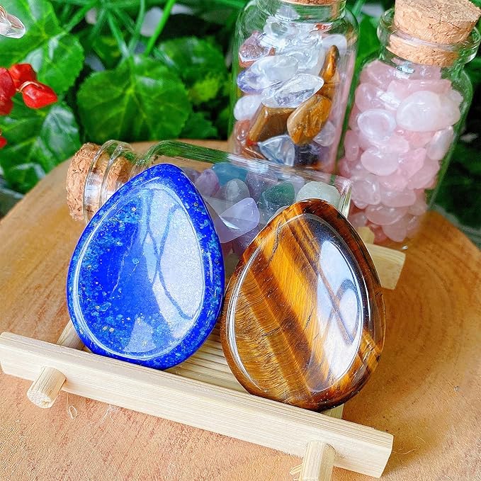 QINJIEJIE 2PCS Crystals Thumb Worry Stone for Anxiety Tiger's Eye Lapis Lazuli Healing Crystals Hand Carved Pocket Palm Gemstones Meditation Crystal Reiki Relax Stone Anxiety Relief Items