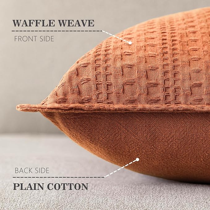 Foindtower Set of 2 Decorative Cotton Waffle Weave Throw Pillow Covers Euro Shams Cushion Covers Accent European Pillowcase for Bed Couch Sofa Bedroom Living Room Home Decor 26×26 Inch Burnt Orange