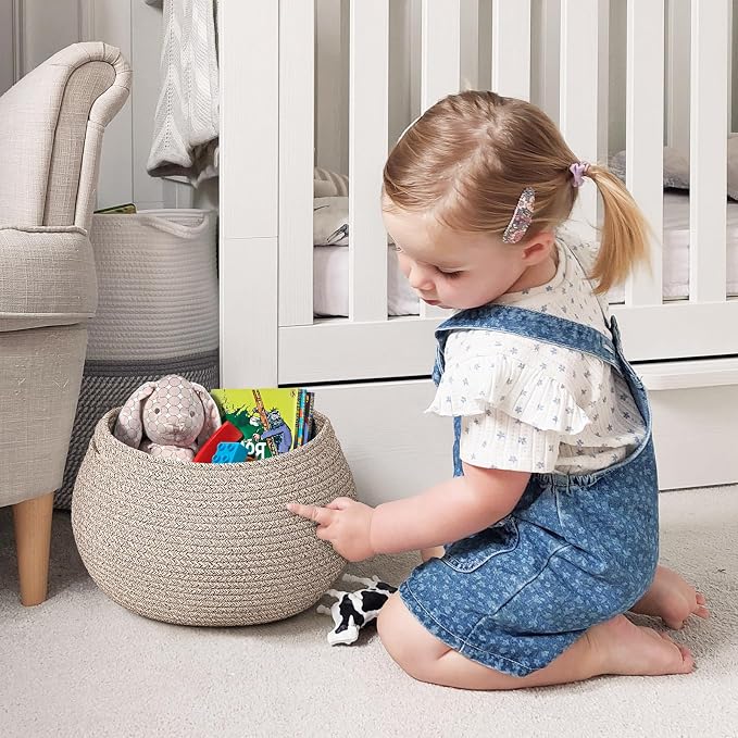 Goodpick Round Woven Rope Storage Basket for Shelves, 10" x 8.3", Jute | Small Baby Basket with Handles, Decorative Gift Basket, Fits Living Room Nursery Toys & Towels Storage, Plant Baskets Indoor