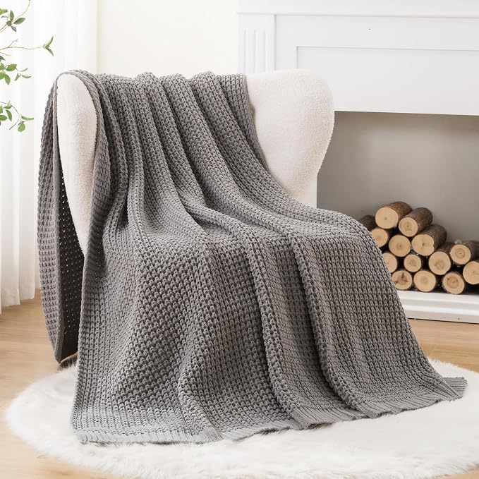 Grey Throw Blanket for Couch, Soft Knitted Chenille Throw Blanket 50"x60" | Chunky Waffle Knit Throw Blanket, Light Gray Throw Blanket for Bed Sofa Living Room, Modern Farmhouse Knitted Style