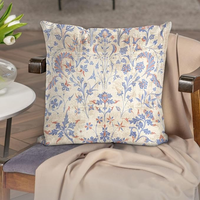 Boho Floral Throw Pillow Covers 16x16 inch Set of 2,Cream Boho Rug Geometric Floral Pattern Decor Double Sided Pattern Cushion Cover Soft Pillow Case Living Sofa Room Bed Square Pillow Cover