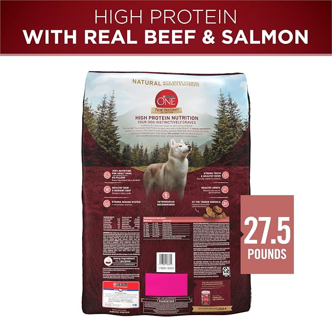 Purina ONE True Instinct Dry Dog Food, Real Beef & Salmon, 27.5 lb Bag | Nutrient dense, with 32% protein for strong muscles, natural with added vitamins, minerals and nutrients