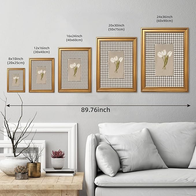 Gold Framed White Tulips Vintage Floral Wall Art Painting Brown Gingham Botanical Print Rustic Farmhouse Flower Picture Poster Neutral Cottagecore Canvas Artwork Aesthetic Country Home Decor 16x20inch