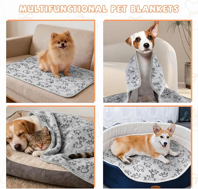 YUEPET 2 Pack Waterproof Dog Blankets, Washable Puppy Blankets 23 x 16 in | Grey Paw Print Pair, Reversible Fleece Throw, Heat-Reflective Mylar, Bed/Sofa/Car Protection, Small/Medium Dogs and Cats