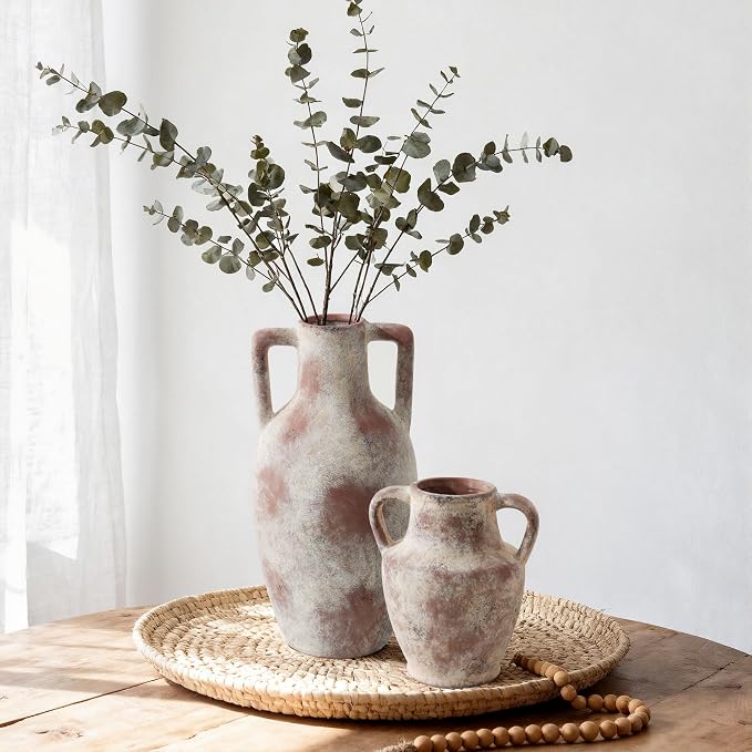 Ceramic Flower Vase with Handles, 12.8 inch Tall Farmhouse Vase Rustic Vases Decorative Pottery Vases Large Floor Vase for Home Decor Living Room Bookshelf Table Centerpiece Fireplace, Terracotta