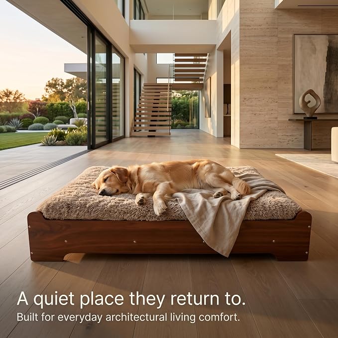 Elevated Wood Dog Bed Frame with Foam Mattress, WalnutPattern, XL | Raised Dog Bed with Washable Cover, Furniture-Style Design for Indoor Living