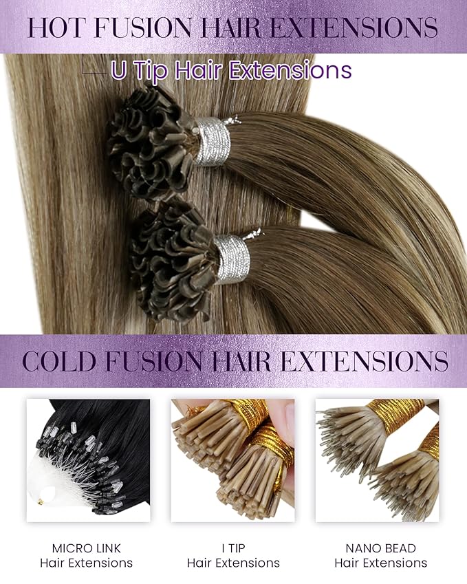 LaaVoo U Tip Hair Extensions Human Hair Dark Brown Ombre Light Brown Mix Blonde Ktip Human Hair Extensions 14 Inch 50g 50s