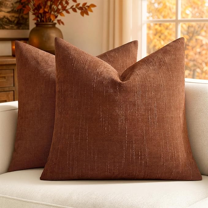 MIULEE Textured Chenille Fall Throw Pillow Covers 18x18 Inch Dark Rust | Pack of 2 Decorative Soft Throw Pillows, Solid Textured Cushion Covers, Modern Home Decor for Couch Sofa Bedroom Living Room