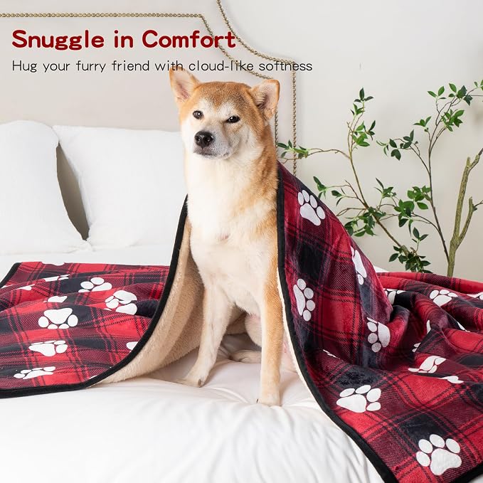 Waterproof Pet Blanket for Small Dogs and Cats 30"x40" | Washable Christmas Dog Blanket, Soft Fluffy Sofa Car Bed Protector, Reversible Sherpa Fleece Puppy Blanket, Paw Red