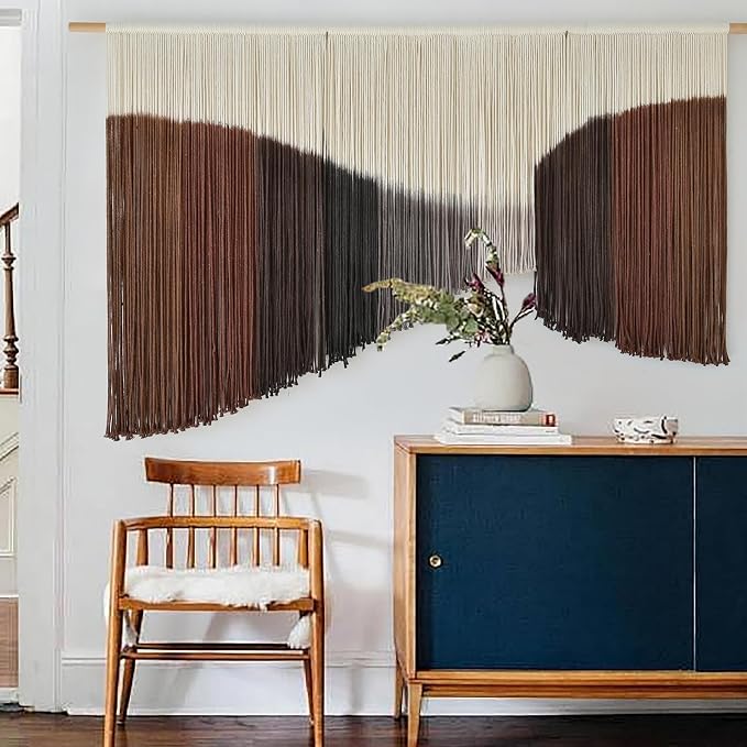 Jakalin Macrame Wall Hanging Brown Geometric Fiber Art Living Room 33" x57" | Geometric Dip-dyed Macrame Wall Art With Rich Brown-red Tones, Boho Texture, Artisan Character, and Home Style.