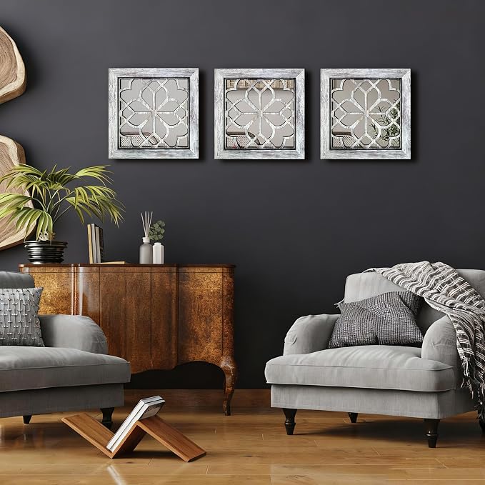 Set of 4 Boho Wall Mirrors with Carved Floral Design, 12x12 Inch Rustic Farmhouse Accent Mirrors, Vintage Style Shatterproof Square Mirror Decor for Living Room, Bedroom(Grey)