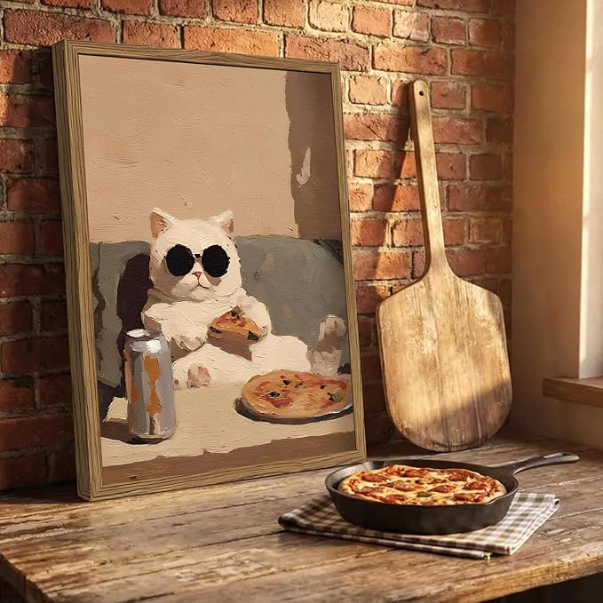 Funny Kitchen Cat Wall Art, Whimsical Animal Wall Decor Painting 3D Textured Sandstone Poster Picture Print Cute Cat Artwork for Bedroom Dining Room Nursery 12x16 inch Wood Framed