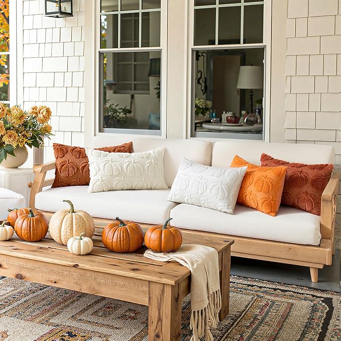 MIULEE Fall Pillow Covers Pumpkin Fall Decor Lumbar 12x20 Dark Rust | Set of 2 Fall Decorations for Home, Plush Faux Fur Farmhouse Accent Pillowcases, Porch Sofa Couch Cushion Bed Livingroom