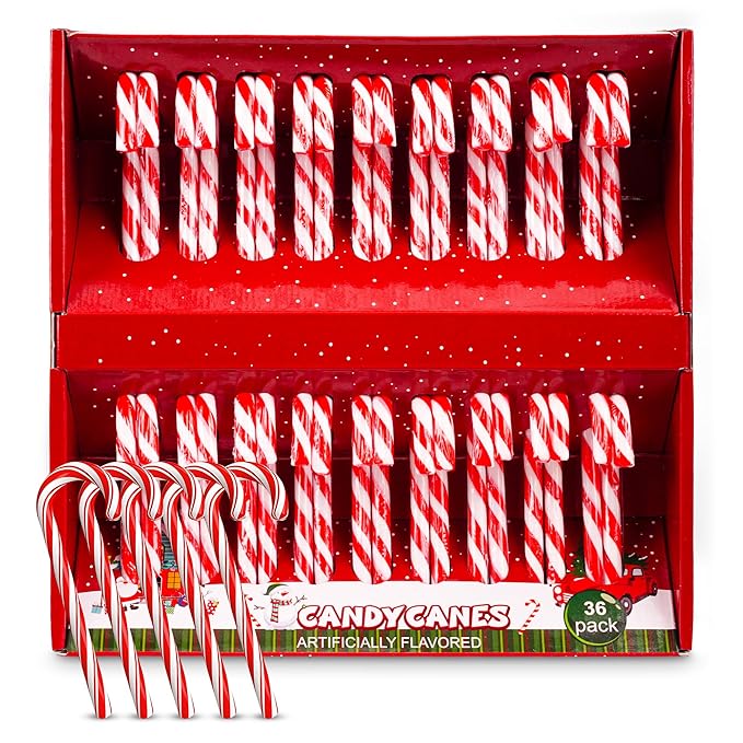 Christmas Candy Canes 36 Pack - Classic Red & White Peppermint Sticks Individually Wrapped - Bulk Christmas Candys for Holiday Treats, Decorations, Stocking Stuffers & Gifts