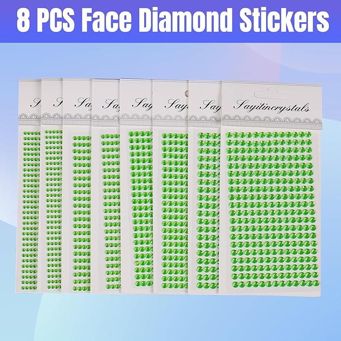8 Sheets Rhinestone Stickers，3584 Pcs Gem Stickers for DIY Face Eyes Makeup Hair（Green-3/4/5/6mm）