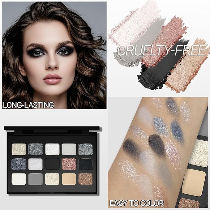Erinde Smokey Black Eyeshadow Palette, 15 Colors Eyeshadow Pallet with Mirror, Silver Gray White Black Tones Matte Shimmer Eye Shadow Travel Size High Pigmented for Vampire Clown Joker Goth Halloween