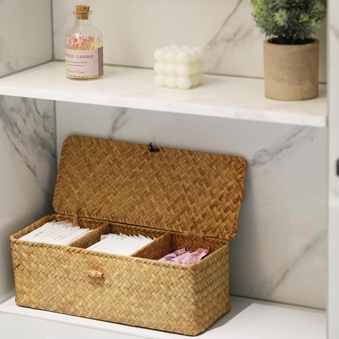 Seagrass Storage Basket with Lid Rectangular Small Woven Shelf Baskets with Sections for Organize Snack Toys Tampon
