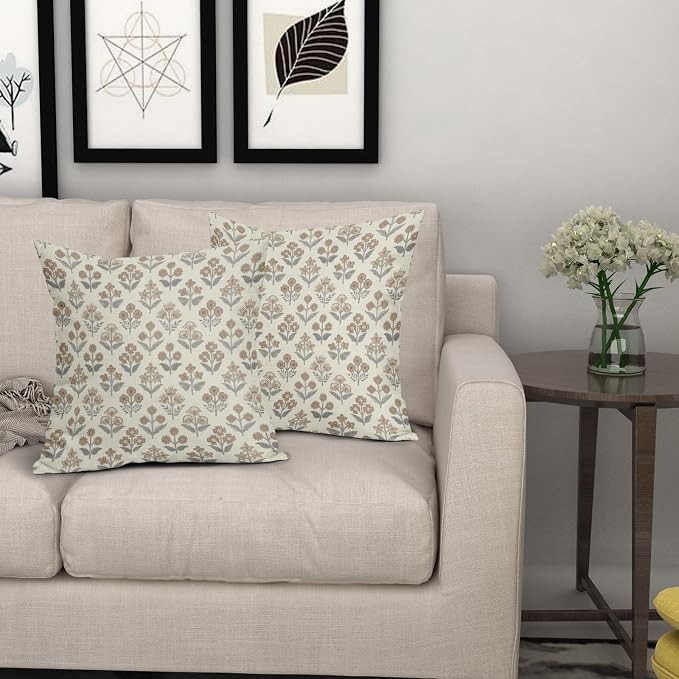 Brown Grey Gray Floral Block Print Pillow Covers 20x20 Inch Set of 2, Vintage Flower Pattern Decorative Throw Pillowcases Outdoor Farmhouse Cushion Covers Spring Summer Rustic Sofa Couch Bed Decor