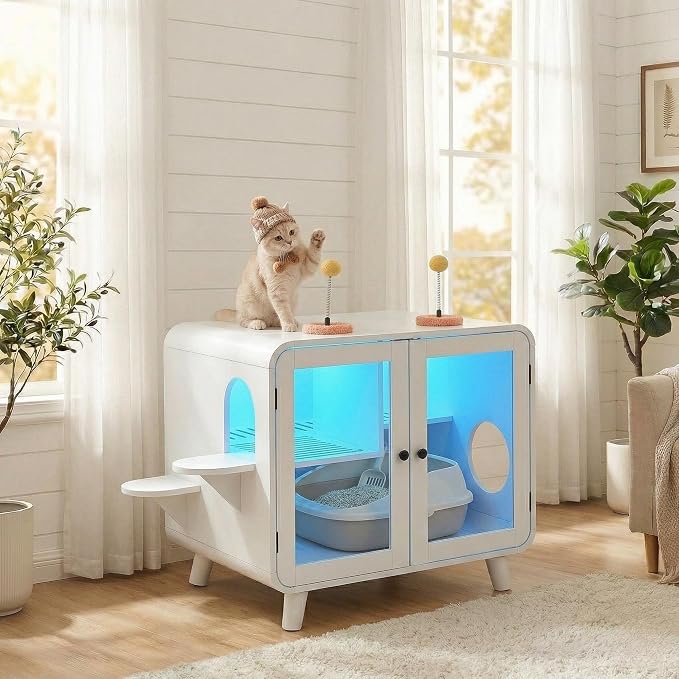 Cat Litter Box Enclosure with RGB LED Light, Hidden Cat Litter Box Furniture with Glass Doors, Cat House with Stairs and Pom-Pom Toys, Cat Washroom Pet Storage Cabinet with Litter Leak Walkway