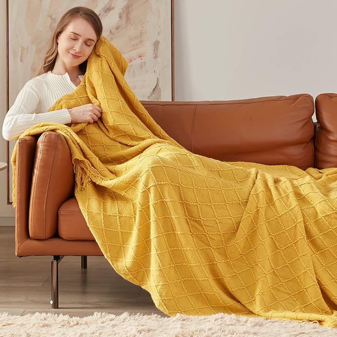 inhand Golden Yellow Knitted Throw Blanket for Couch and Bed, 50"x60" | Knit Fall Decor Halloween Blanket with Tassel, Lightweight Decorative Farmhouse Warm Woven Blankets and Throws for Women
