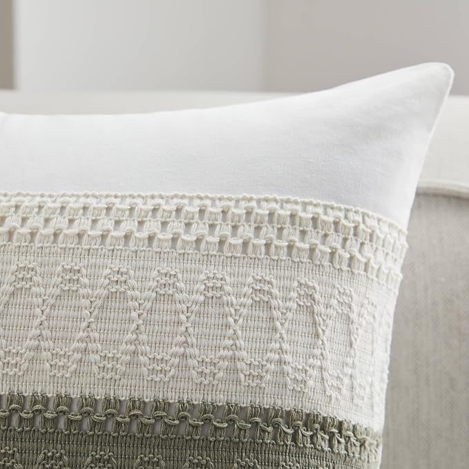 2pk Boho Pillow Covers 16x16, Natural White/Contrast/Green | 100% Organic Cotton Body, Stripe Embroidery, Farmhouse Decorative Cushion Covers for Sofa Bed Living Room Home Decor