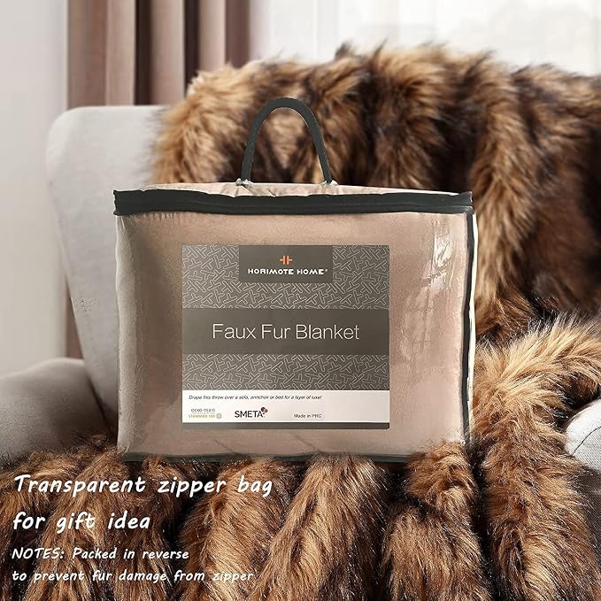 Luxury Plush Faux Fur Blanket King Size, Long Pile Brown with Black Tipped Throws, Oversized Super Warm, Fuzzy, Elegant, Fluffy Decoration Throw Blanket for Sofa, Armchair, Couch and Bed, 104"x90"