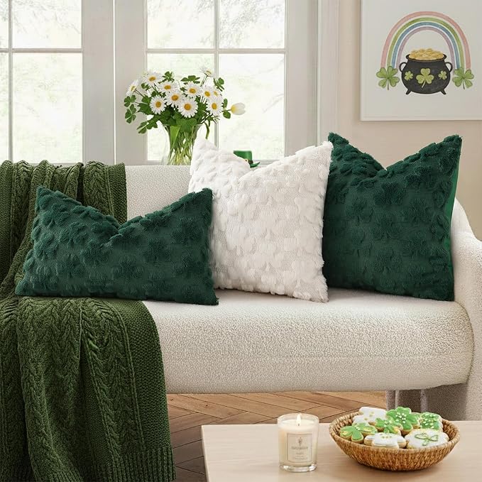 decorUhome Faux Fur Throw Shamrock Cream White Pillow Covers 18x18 Set of 2 | Plush Soft Wool St. Patrick’s Day Throw Pillow Covers, Accent Modern Farmhouse Pillow Covers Holiday Decor for Sofa Bed