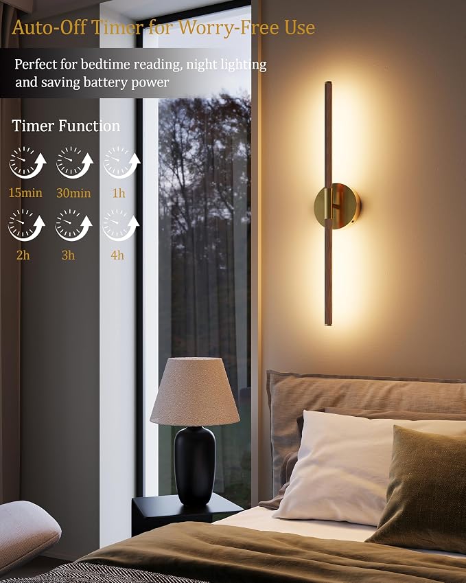 24" Battery Operated Wall Sconce Set of 2, 350° Rotating Lamp, Walnut Gold | Wireless, 8000mAh Rechargeable Battery, Stepless Dimming, 3000K-6000K, Remote & Touch Control, Timer, Living Room, Bedroom