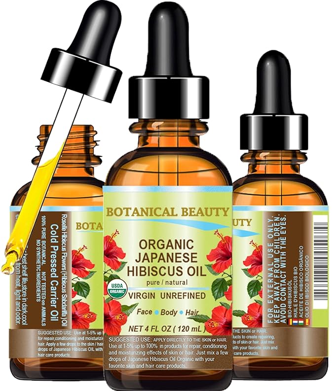 Botanical Beauty Organic HIBISCUS OIL (Hibiscus Sabdariffa) JAPANESE 100 Pure Natural VIRGIN UNREFINED COLD PRESSED Anti Aging, Vitamin E Oil for FACE, SKIN, HAIR GROWTH (4 Fl Oz)