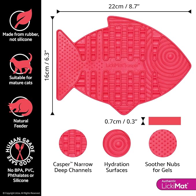LickiMat Casper, Fish-Shaped Cat Slow Feeders Lick Mat, Boredom Anxiety Reducer; Perfect for Food, Treats, Yogurt, or Peanut Butter. Fun Alternative to a Slow Feed Cat Bowl or Dish, Pink