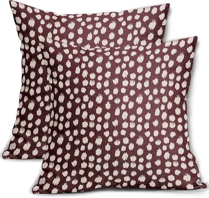 Burgundy Cream Pillow Covers 22x22 Set of 2 Boho Design Polka Dot Throw Pillows Modern Brush Strokes Print Decorative Outdoor Pillowcase Square Cushion Cover Linen Pillow Case for Home Sofa Couch Bed