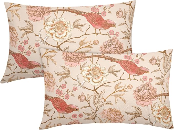 Pink White Roses Floral Lumbar Pillow Covers 12X20 Inch Set of 2Retro Flowers Birds Leaves Decorative Pillow Cases Art Vintage Cotton Linen Cushion Case Home Decor for Sofa Couch Porch Outdoor