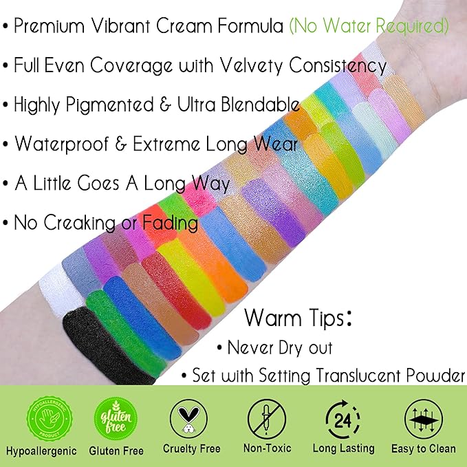 CCbeauty Professional 36 Colors Face Body Paint Kit, Largest Oil Based Hypoallergenic Neon Face Painting Palette Set with 10 Brushes for Halloween SFX Special Effects Cosplay Costume Makeup