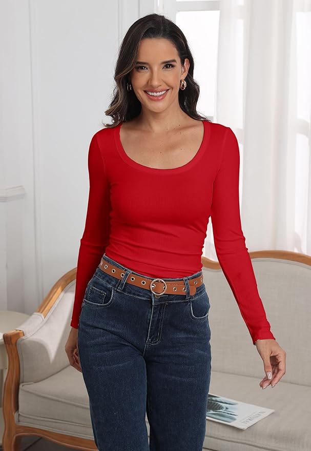 Roselux Womens Long Sleeve Scoop Neck Ribbed Knit Fitted Casual Tops Tee Slim Basic Shirts