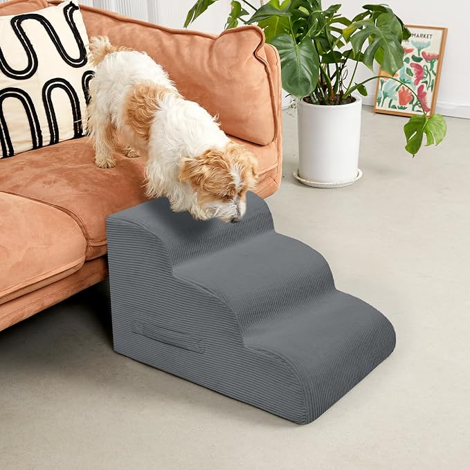 Mesa Lemon 3 Step Dog Stairs Pet Ramp for High Beds, Sofas and Cars | High Density Foam, Non-Slip Bottom, Removable Washable Cover, Portable Handle, Holds Up to 50 lbs, 16 Inch Height