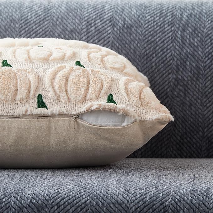 DFXSZ Fall Pillow Covers 18x18 2Pcs Beige Green Pumpkin Fall Decorations | Fall decor Set of 2 Throw Pillow Cases Soft Plush Faux Fur Wool Couch Cushion for Chair Sofa Bedroom Living Room Home Decor