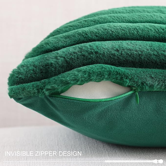 Pallene Faux Fur Throw Pillow Covers 12x20 Set of 2, Christmas Green | Luxury Plush Texture, Striped Design, Cozy Soft Touch, Modern Home Accent Decor for Couch, Sofa, Bed, Living Room