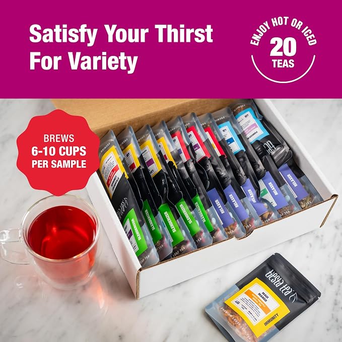 Tiesta Tea - Discovery Sampler Dry Flight Set, Loose Leaf, High to No Caffeine, Hot & Iced Up to 200 Cups, Tea Variety Pack with Green, Herbal, Black & Chai Brew, 20 Resealable Sample Pouches