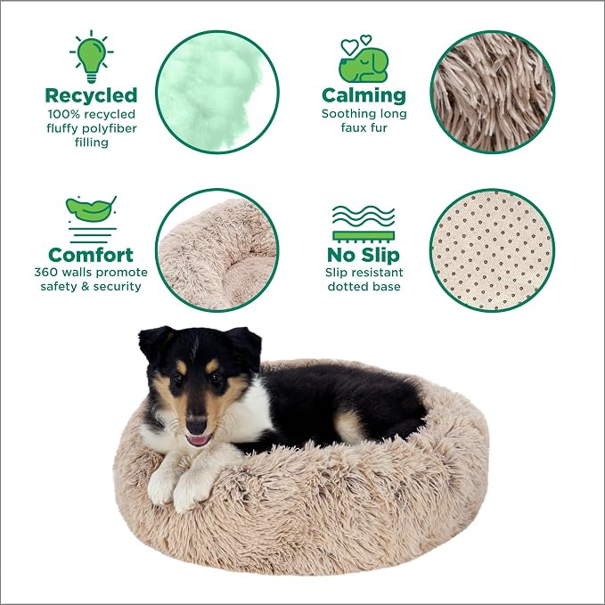 Furhaven 30" Round Calming Donut Dog Bed for Medium/Small Dogs, Refillable w/ Removable Washable Cover, For Dogs Up to 45 lbs - Shaggy Plush Long Faux Fur Donut Bed - Taupe, Medium
